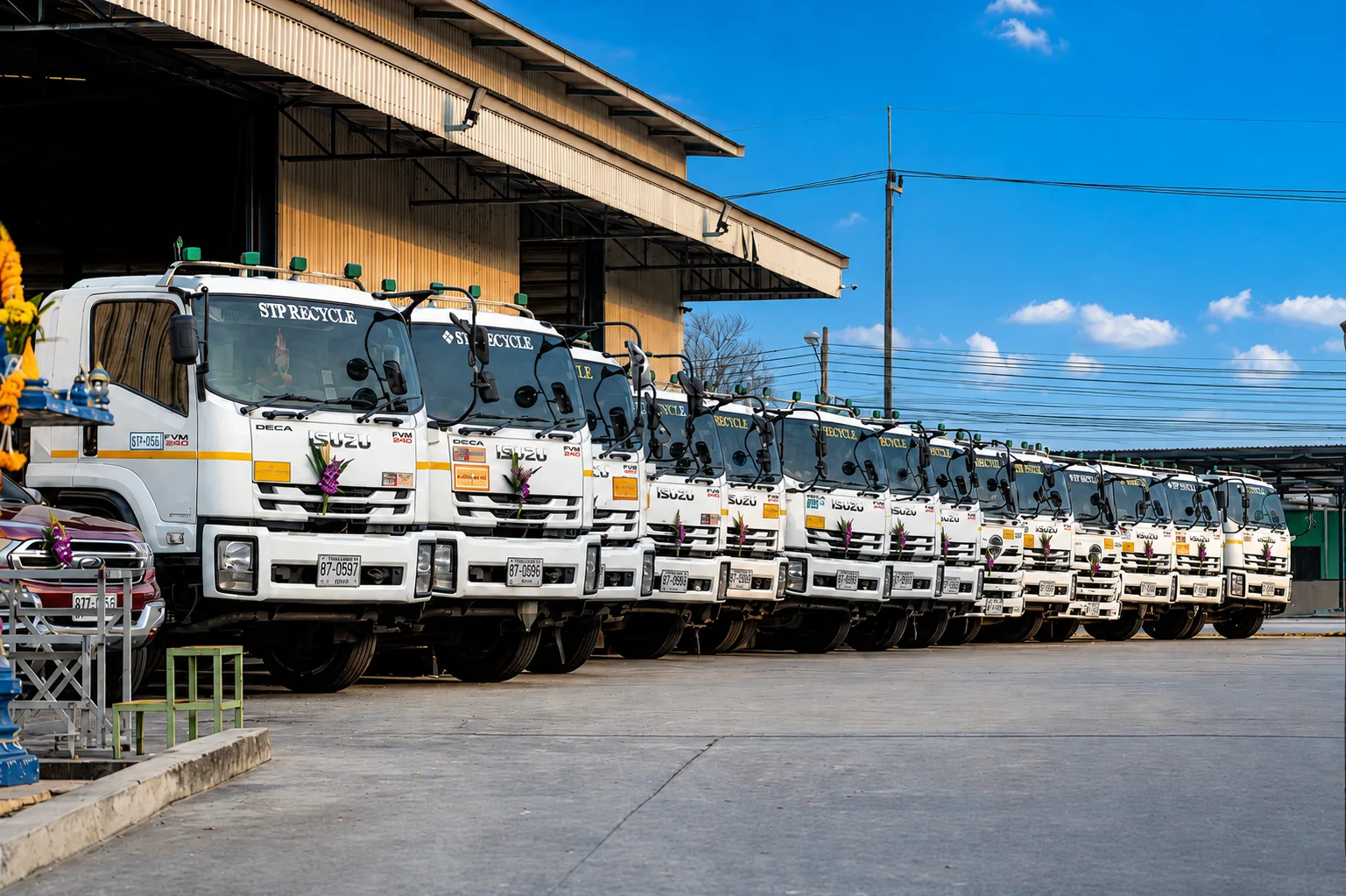 STP Recycle's fleet of Isuzu collection trucks lined up at the depot